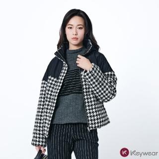 【KeyWear 奇威名品】拼接黑白千鳥格羽絨外套