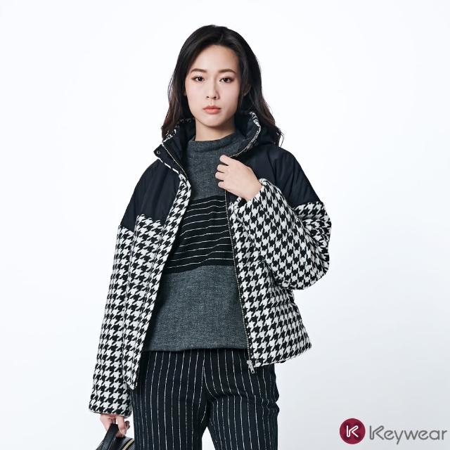 【KeyWear 奇威名品】拼接黑白千鳥格羽絨外套