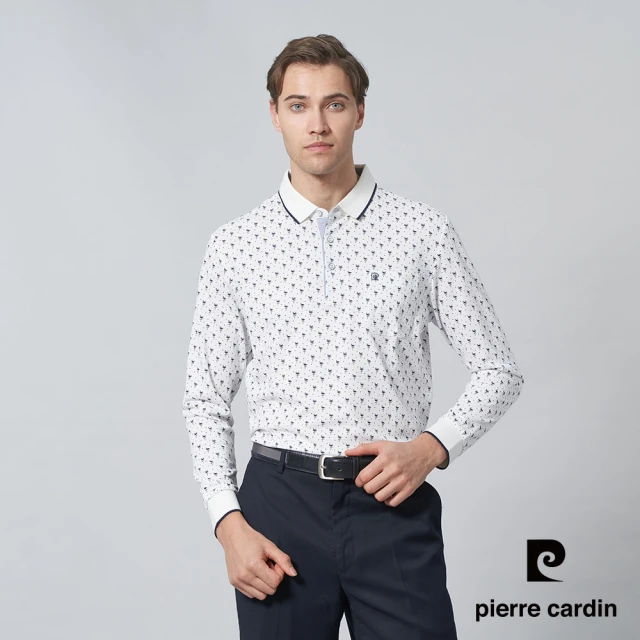 pierre cardin 皮爾卡登 商務休閒 男款 網眼鶴圖案印花長袖POLO衫-白色(5245263-90)