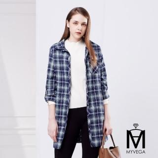 【MYVEGA 麥雪爾】MA格紋口袋蝴蝶織標長版襯衫上衣-藍