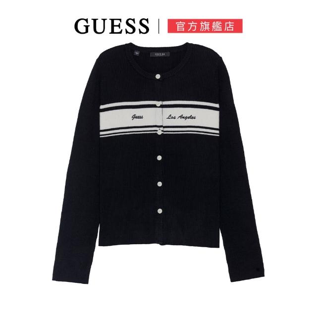 【GUESS】拼色條紋鈕扣針織上衣(黑色)