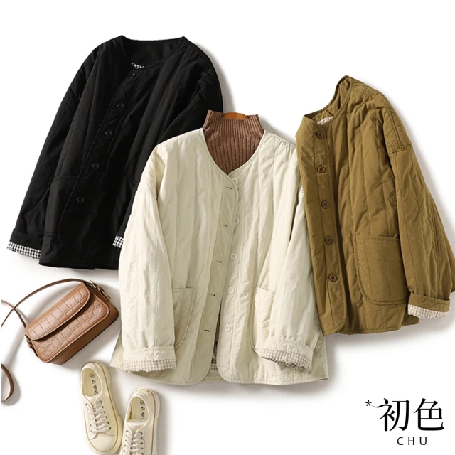 初色 韓版休閒寬鬆長款加厚保暖連帽螺紋長袖羽絨棉外套女外套-