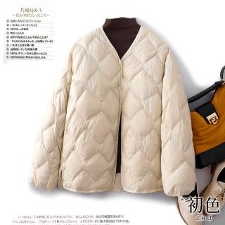 【初色】V領菱格壓紋羽絨棉長袖外套女外套-共3色-39073(M-2XL可選)