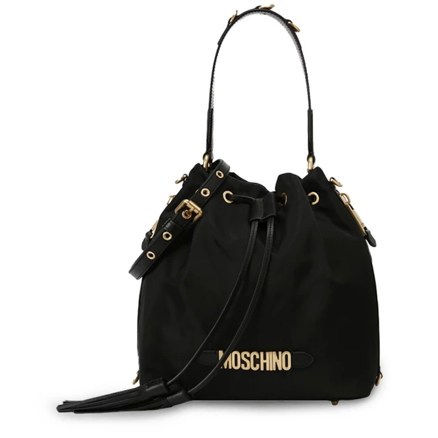 MOSCHINO 金屬立體標誌流蘇尼龍水桶包 黑色(7B7407-8202-1555)