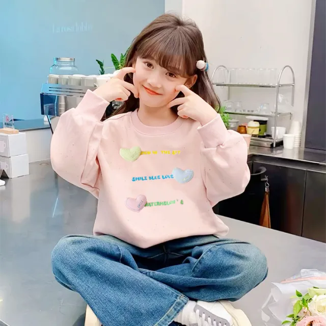 【安朵童舖】現貨韓版兒童薄款長袖上衣女童蕾絲花邊上衣立體愛心長袖T恤拼接花邊袖上衣圓領(57/16)