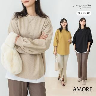 【Amore】秋冬韓系華格夫燈籠袖慵懶風圓領長袖上衣6色(秋冬寬鬆長袖上衣)