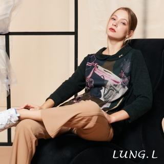 【LUNG.L 林佳樺】LR23A綠色針織拼接時尚印花磨毛長袖女裝上衣(秋冬新品 加大尺碼)