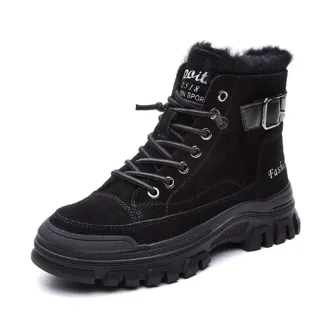 【JP Queen New York】皮扣英文真皮女款內刷毛短靴馬丁靴(2色可選)