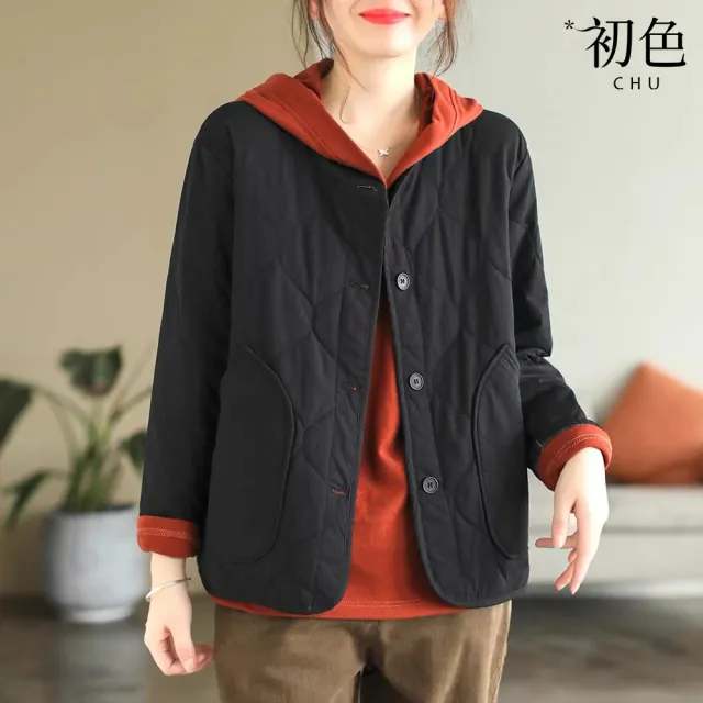 【初色】復古風純色大口袋夾棉保暖單排釦長袖外套女外套-共3色-39062(M-2XL可選)