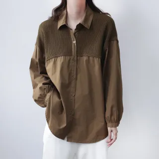 【ACheter】燈芯絨拼接長袖襯衫外套寬鬆純色翻領中長上衣#123857(黑/卡其/杏)