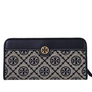 【TORY BURCH】TMONOGRAM 提花拼接皮革拉鍊長夾(海軍藍/贈原廠紙袋母親節送禮)