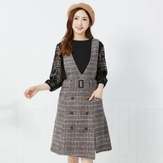【betty’s 貝蒂思】毛呢格紋V領吊帶洋裝(咖啡)