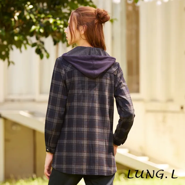 【LUNG.L 林佳樺】LQ44C藍色格紋連帽長袖女裝外套(秋冬新品 加大尺碼)