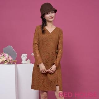 【RED HOUSE 蕾赫斯】V領蕾絲開衩剪裁洋裝(咖啡色)