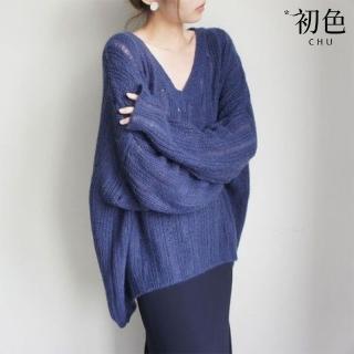 【初色】慵懶風純色V袖修身顯瘦長袖針織衫上衣女上衣-共6色-38992(F可選)