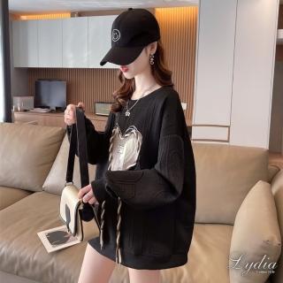 【Lydia】現貨 長袖上衣 圓領復古提花面料心型立體綁帶設計上衣(三色可選 一般款/刷毛款)