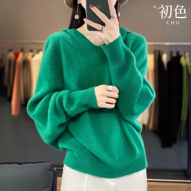 【初色】韓版慵懶風純色長袖蝙蝠袖連帽針織衫羊毛衫上衣女上衣-共6色-39010(F可選/現貨+預購)