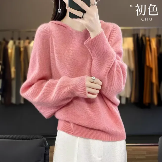 【初色】韓版慵懶風純色長袖蝙蝠袖連帽針織衫羊毛衫上衣女上衣-共6色-39010(F可選/現貨+預購)