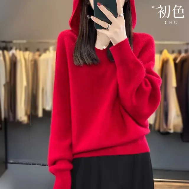 【初色】韓版慵懶風純色長袖蝙蝠袖連帽針織衫羊毛衫上衣女上衣-共6色-39010(F可選/現貨+預購)