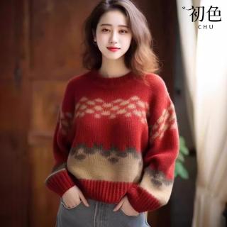 【初色】撞色拼接菱格紋針織圓領長袖針織衫寬鬆毛衣上衣女上衣-紅色-39005(F可選)