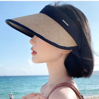 【氣質韓風】輕盈草編折疊小臉空頂帽(鬆緊調節 黑膠抗UV遮陽帽 防曬帽 太陽 沙灘帽)