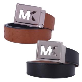 【Michael Kors】男士系列 全皮革 銀釦鏤空LOGO滿版PVC雙麵皮帶(黑/焦糖棕)