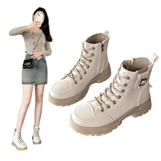 【SOFE MORE】米色靴 側拉鍊厚底馬丁靴 防滑方扣戶外工裝靴 休閒鞋高筒靴(休閒靴)