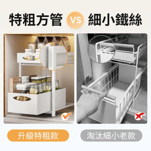抽拉式 廚房下水槽置物架 多功能碗碟收納架 多層調味料架 拉籃分層架(升級款大號-黑色/白色)
