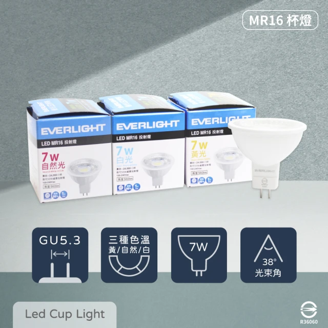 Everlight 億光 20入組 LED 7W 黃光 自然光 白光 全電壓 MR16 免壓杯燈