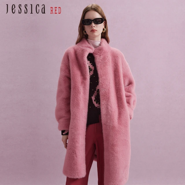 Jessica Red 時尚百搭素色毛呢長版外套（粉）R44C03