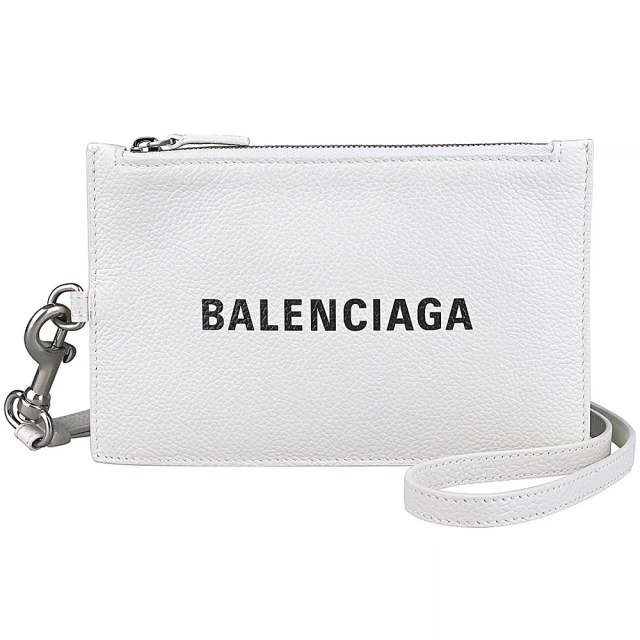 Balenciaga 巴黎世家 BALENCIAGA 黑字LOGO荔枝紋牛皮掛繩拉鍊卡片零錢包(白)