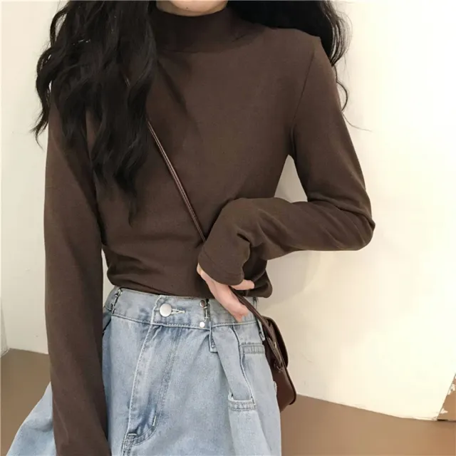 【D.studio】韓版半高領薄內刷毛內搭顯瘦長袖上衣(女裝衣服寬鬆上衣顯瘦上衣長袖t恤冬裝發熱衣 W321)