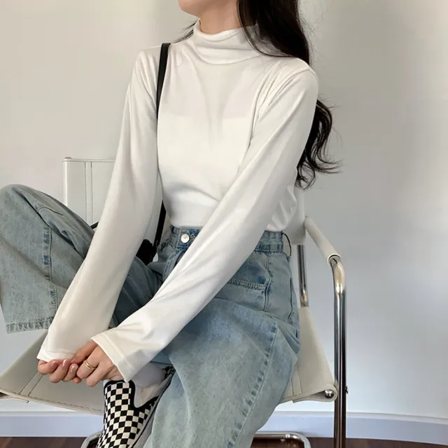 【D.studio】韓版半高領打底長袖上衣(女裝 衣服 寬鬆上衣 顯瘦上衣 長袖t恤 冬裝 發熱衣 素T W321)
