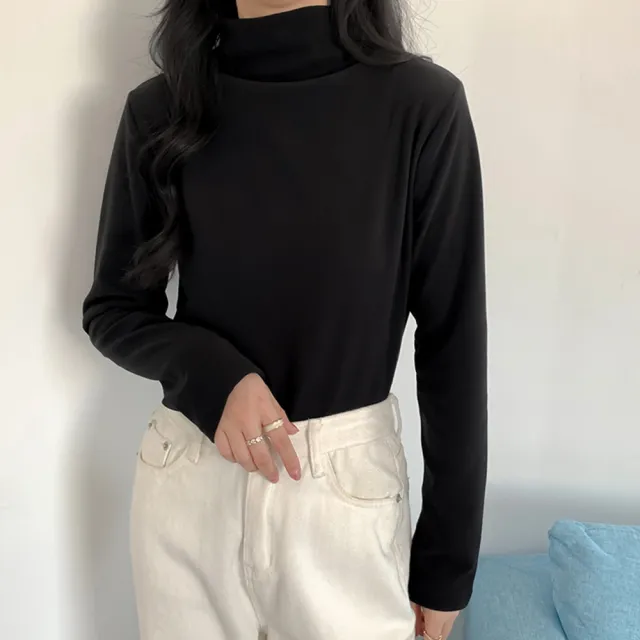 【D.studio】韓版半高領打底長袖上衣(女裝 衣服 寬鬆上衣 顯瘦上衣 長袖t恤 冬裝 發熱衣 素T W321)