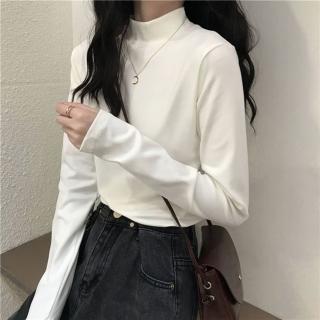 【D.studio】韓版半高領內搭顯瘦保暖長袖上衣(女裝衣服寬鬆上衣顯瘦上衣長袖t恤冬裝發熱衣 素T W321)
