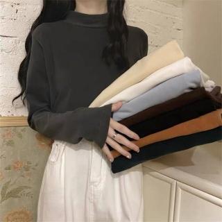 【D.studio】韓版薄絨半高領發熱衣(長袖上衣 針織上衣 女裝 衣服 寬鬆上衣 顯瘦上衣 長袖t恤 冬裝 W321)