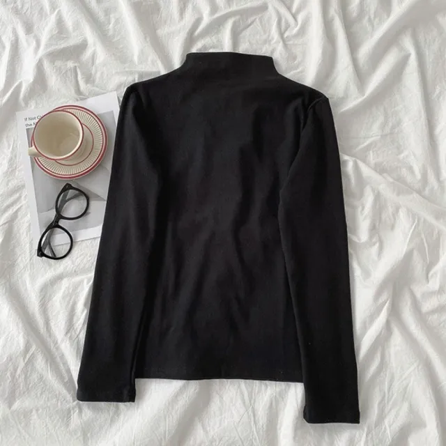 【D.studio】韓版薄絨內搭打底半高領長袖上衣(女裝衣服寬鬆上衣顯瘦上衣長袖t恤冬裝發熱衣素T W321)