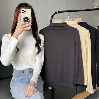 【D.studio】韓版半高領顯瘦內薄絨長袖上衣(女裝 衣服 寬鬆上衣 顯瘦上衣 長袖t恤 冬裝 發熱衣 W321)