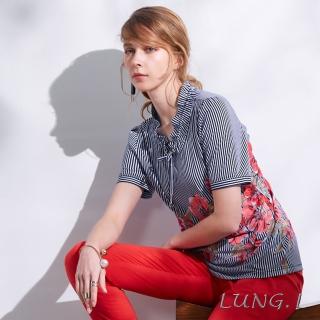 【LUNG.L 林佳樺】LK18A#直條紋片花搭配荷葉領綁結短袖上衣(女裝)