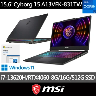 Office 2024★ MSI 微星 15.6吋i7 RTX4060電競筆電(Cyborg 15/i7-13620H/16G/512G SSD/W11/A13VFK-831TW)