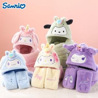 【SANRIO 三麗鷗】三麗鷗兒童毛帽圍巾手套3合1套組(酷洛米/美樂蒂/大耳狗/凱蒂貓 交換禮物/聖誕禮物)