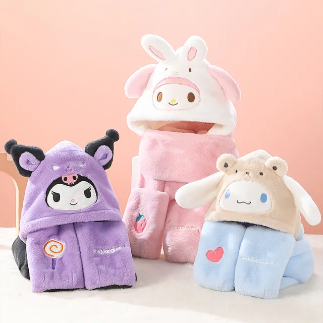 【SANRIO 三麗鷗】三麗鷗兒童毛帽圍巾手套3合1套組(酷洛米/美樂蒂/大耳狗/凱蒂貓 交換禮物/聖誕禮物)
