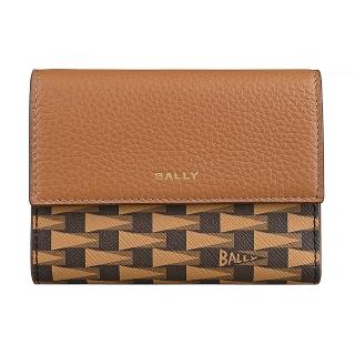 【BALLY】BALLY Pennant燙印LOGO三角錦旗圖案塗層皮革搭牛皮6卡翻蓋釦式三折中夾(橡子棕x深褐x淺咖啡)