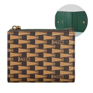 【BALLY】BALLY Pennant內LOGO內撞色三角錦旗塗層皮革6卡拉鍊釦式中夾(深褐x淺咖啡x聖誕樹綠)