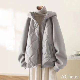 【ACheter】保暖加厚連帽長袖棉服大碼寬鬆顯瘦外套中長#123952(灰/卡其)