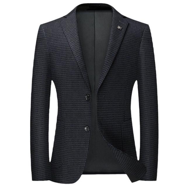 【米蘭精品】現貨+預購 西裝外套休閒西服(藍細格彈力修身男外套74ie11)