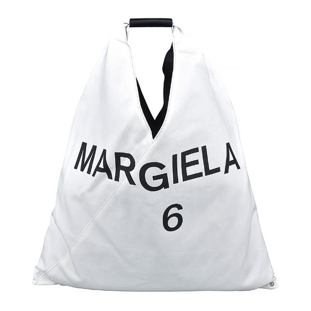【MM6 MAISON MARGIELA】Maison Margiela Japanese黑字LOGO帆布三角型設計按釦式肩背/手提包(白)