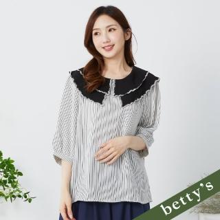 【betty’s 貝蒂思】雙層刺繡荷葉邊翻領雪紡條紋上衣(黑色)