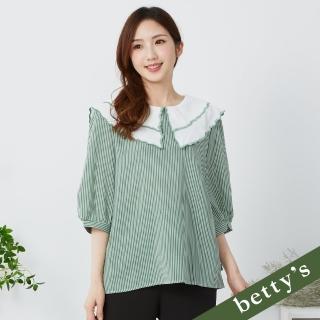 【betty’s 貝蒂思】雙層刺繡荷葉邊翻領雪紡條紋上衣(綠色)