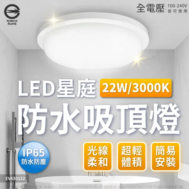 【Everlight 億光】2入 LED 星庭 22W IP65 防水防塵等級 戶外照明 吸頂燈(黃光/自然光/白光) 全電壓